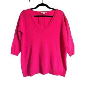 Office Preppy Spring Autumn Cashmere Pink  V-Neck Back Zip Sweater XS 3/4 Sleeve